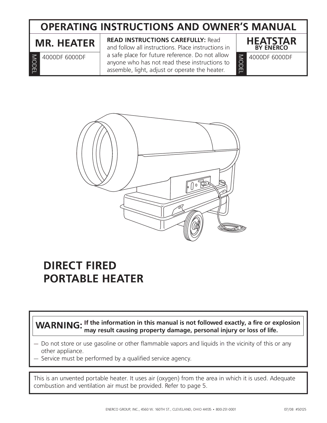 Enerco 4000DF, 6000DF owner manual Direct Fired Portable Heater 