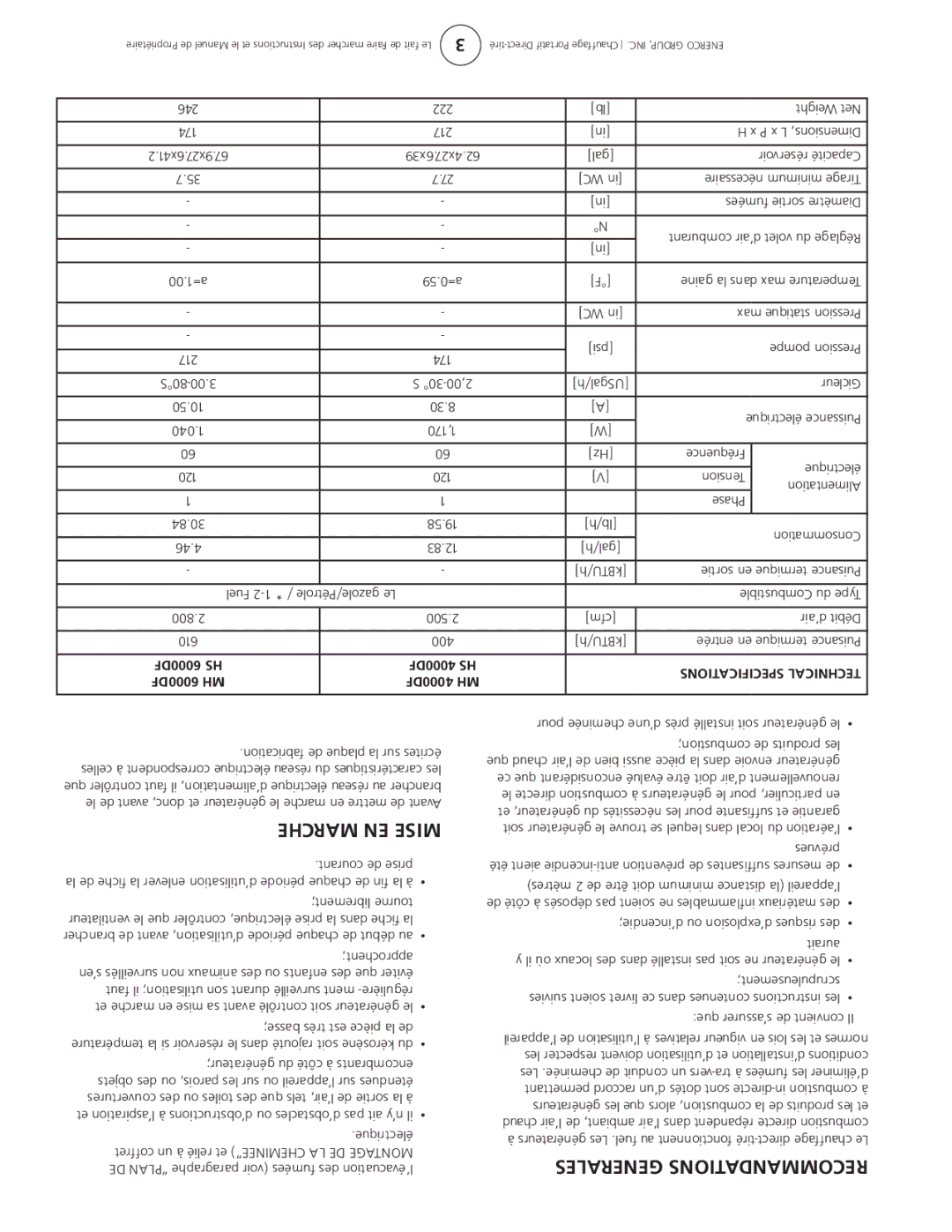 Enerco owner manual Marche EN Mise, Generales Recommandations, 6000DF hs 4000DF hs, 6000DF mh 4000DF mh 