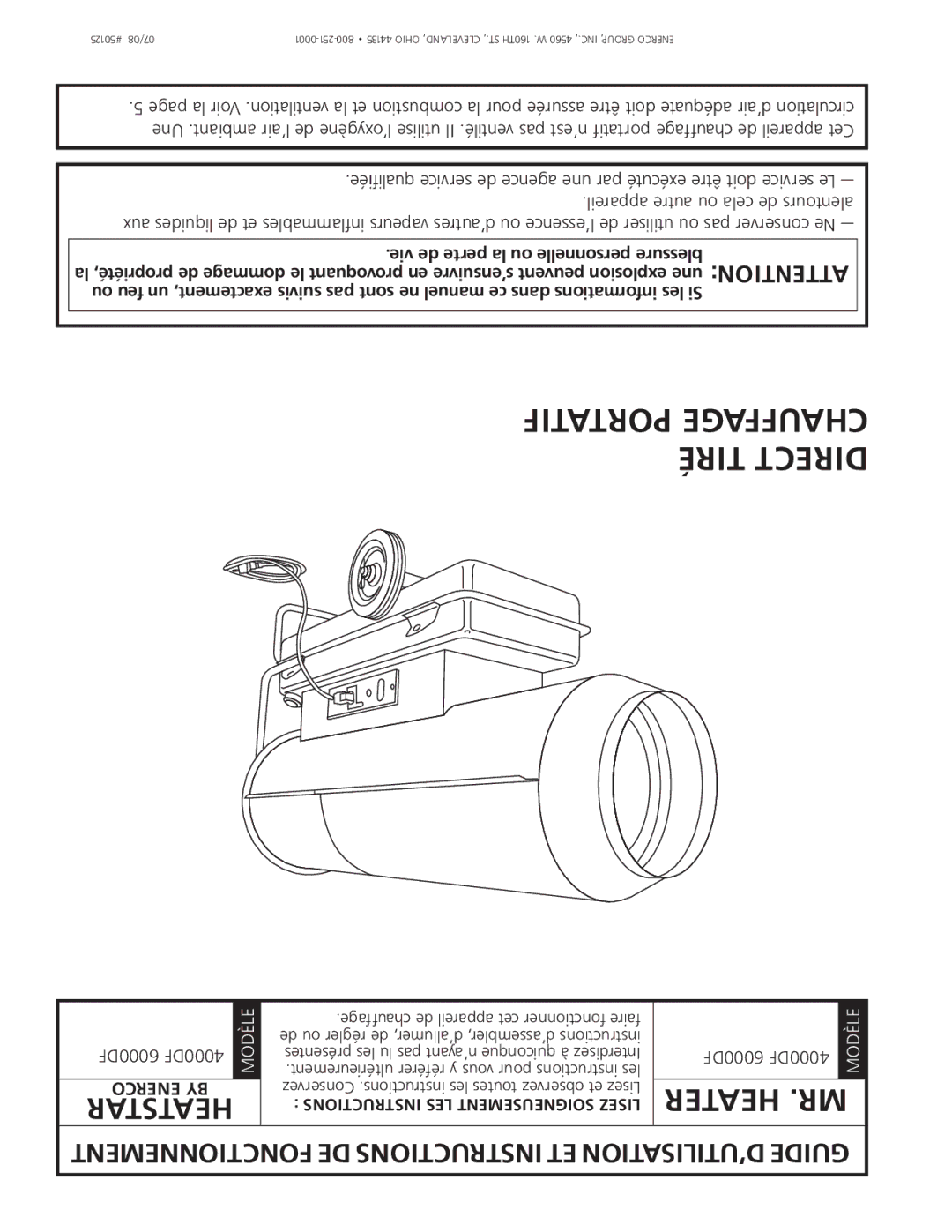 Enerco 6000DF, 4000DF owner manual Portatif Chauffage Tiré Direct 