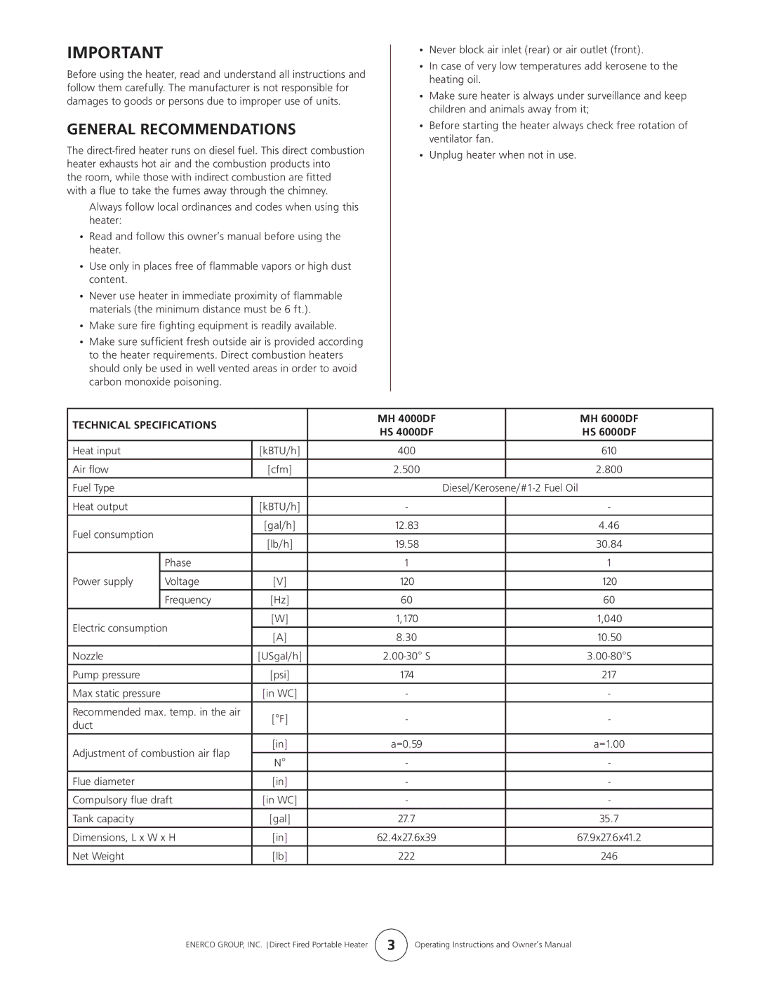 Enerco owner manual General Recommendations, Mh 4000DF Mh 6000DF 