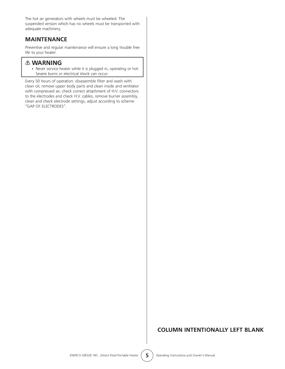 Enerco 4000DF, 6000DF owner manual Maintenance, Column Intentionally Left Blank 