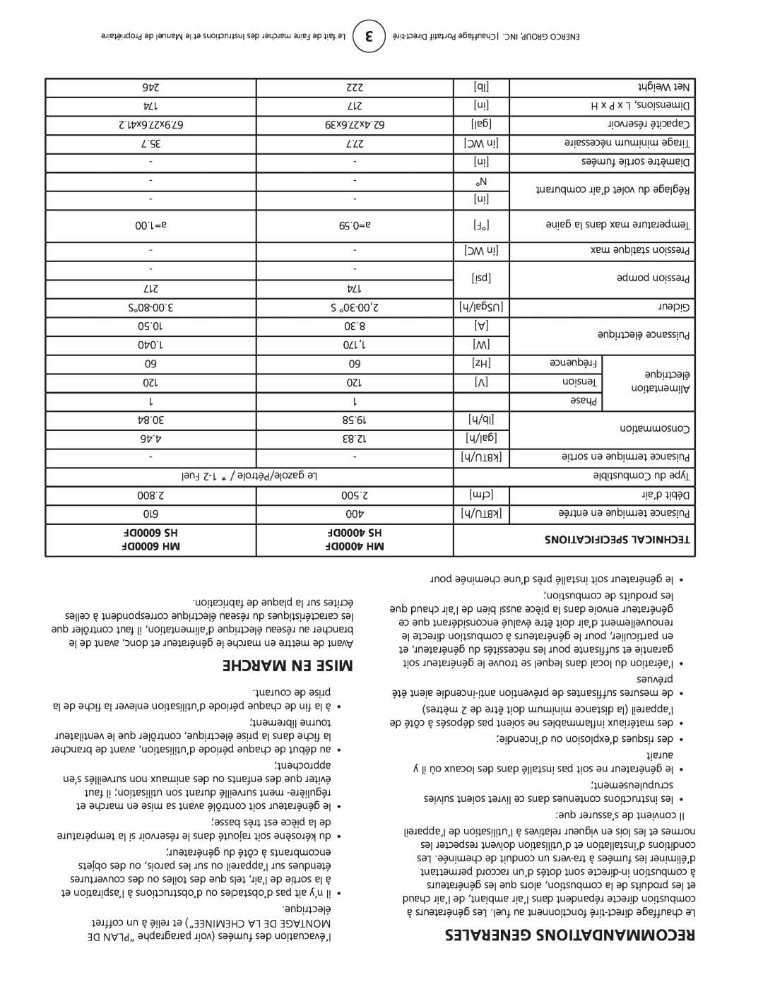 Enerco owner manual Marche En Mise, Generales Recommandations, 6000DF hs, 4000DF hs, 6000DF mh, 4000DF mh 