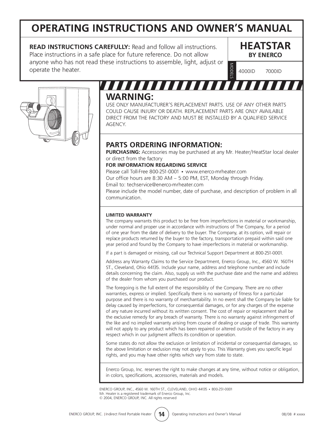 Enerco 7000ID owner manual Parts Ordering Information 