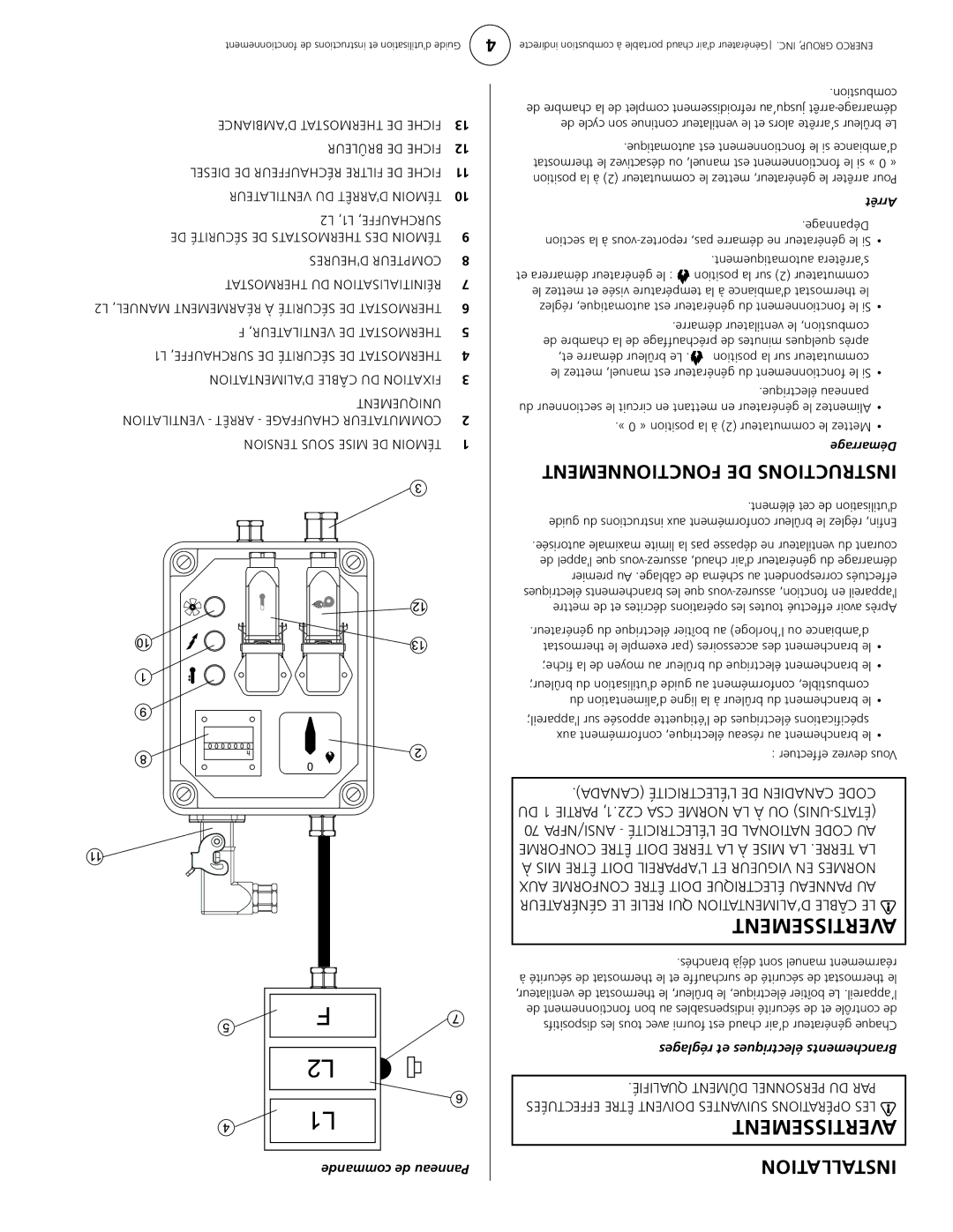 Enerco 7000ID owner manual Fonctionnement DE Instructions, Commande de Panneau, Réglages et électriques Branchements 