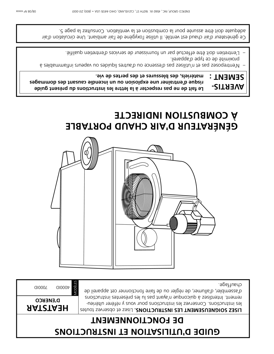 Enerco 7000ID owner manual Indirecte Combustion À Portable Chaud Dair Générateur 