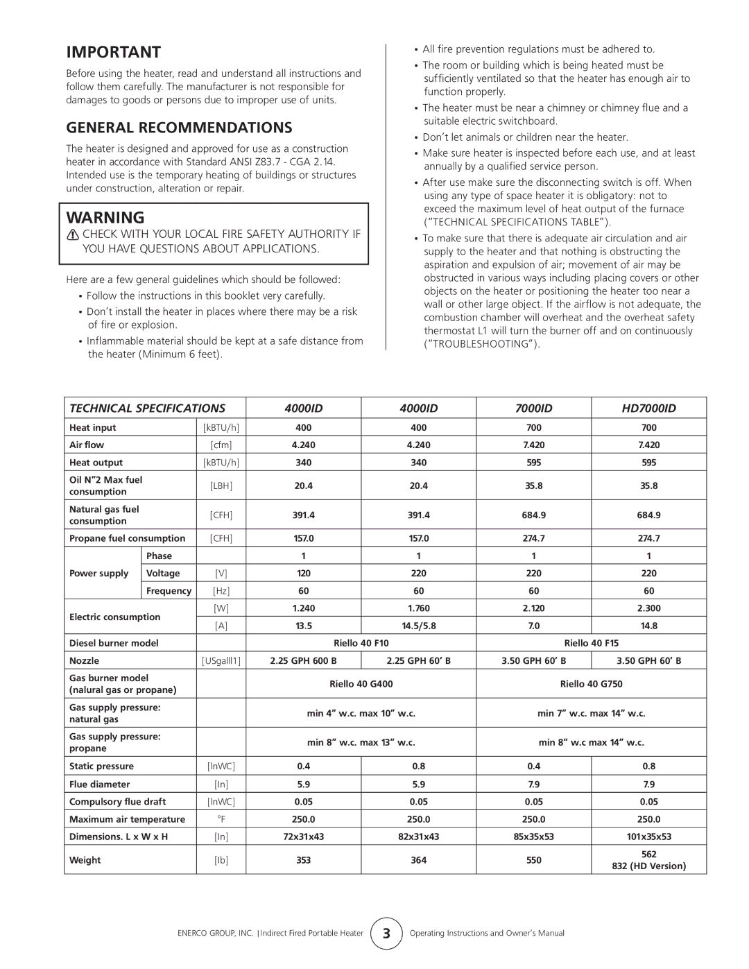 Enerco 7000ID owner manual General Recommendations 