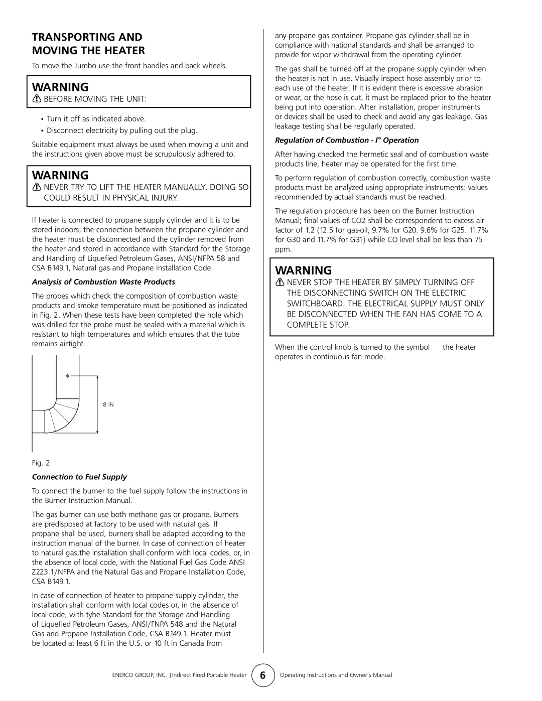 Enerco 7000ID owner manual Transporting Moving the Heater, Analysis of Combustion Waste Products, Connection to Fuel Supply 