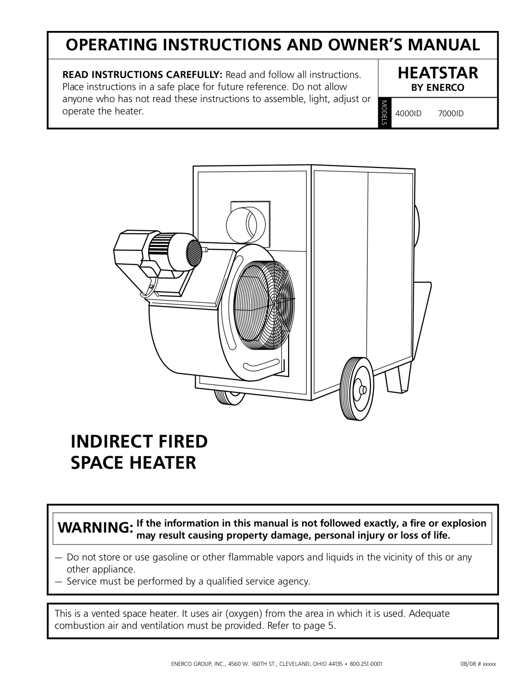 Enerco 7000ID owner manual heatstar, BY eNERCO, INDIRECT FIRED Space HEATER 