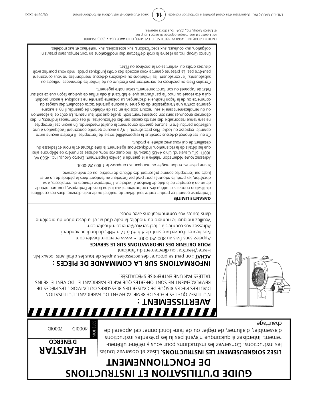 Enerco 7000ID owner manual Heatstar, Pièces De Commande La Sur Informations, Denerco, Avertissement 