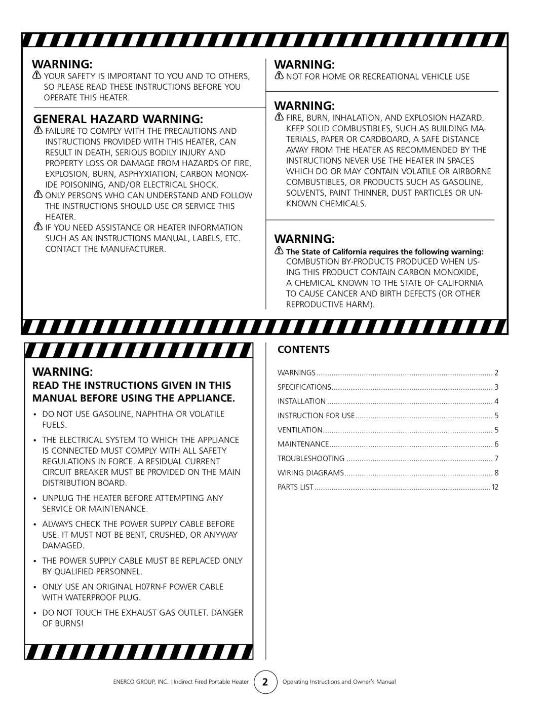 Enerco 7000ID owner manual General Hazard Warning, Contents 