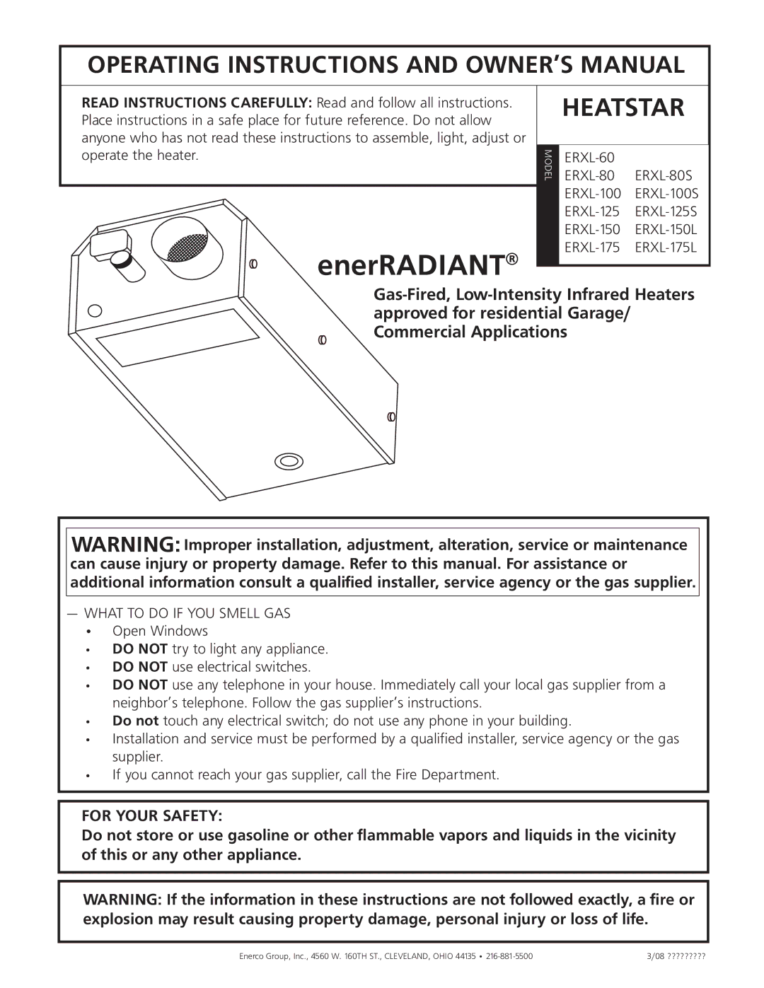 Enerco ERXL-175L, ERXL-60, ERXL-80S, ERXL-150L, ERXL-125S, ERXL-100S owner manual EnerRADIANT 