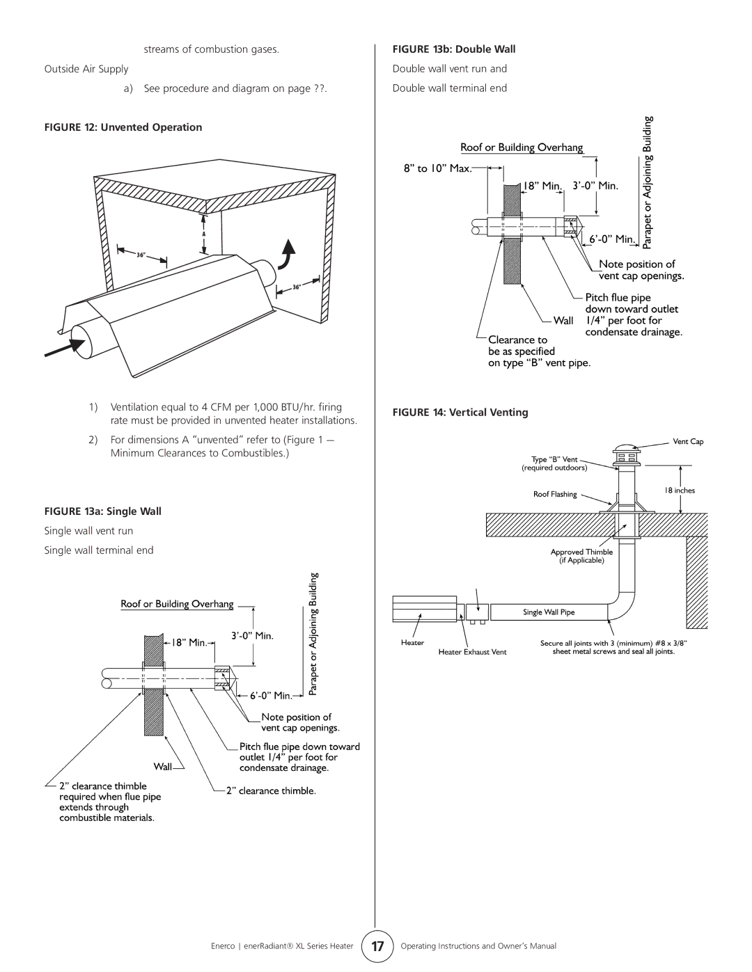 Enerco ERXL-175L, ERXL-60, ERXL-80S, ERXL-150L, ERXL-125S, ERXL-100S owner manual Unvented Operation, Single Wall 