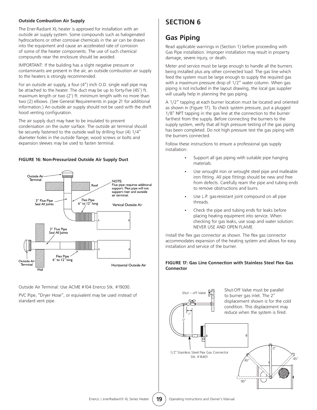 Enerco ERXL-100 Section Gas Piping, Outside Combustion Air Supply, Shut-Off Valve must be parallel, To burner gas inlet 