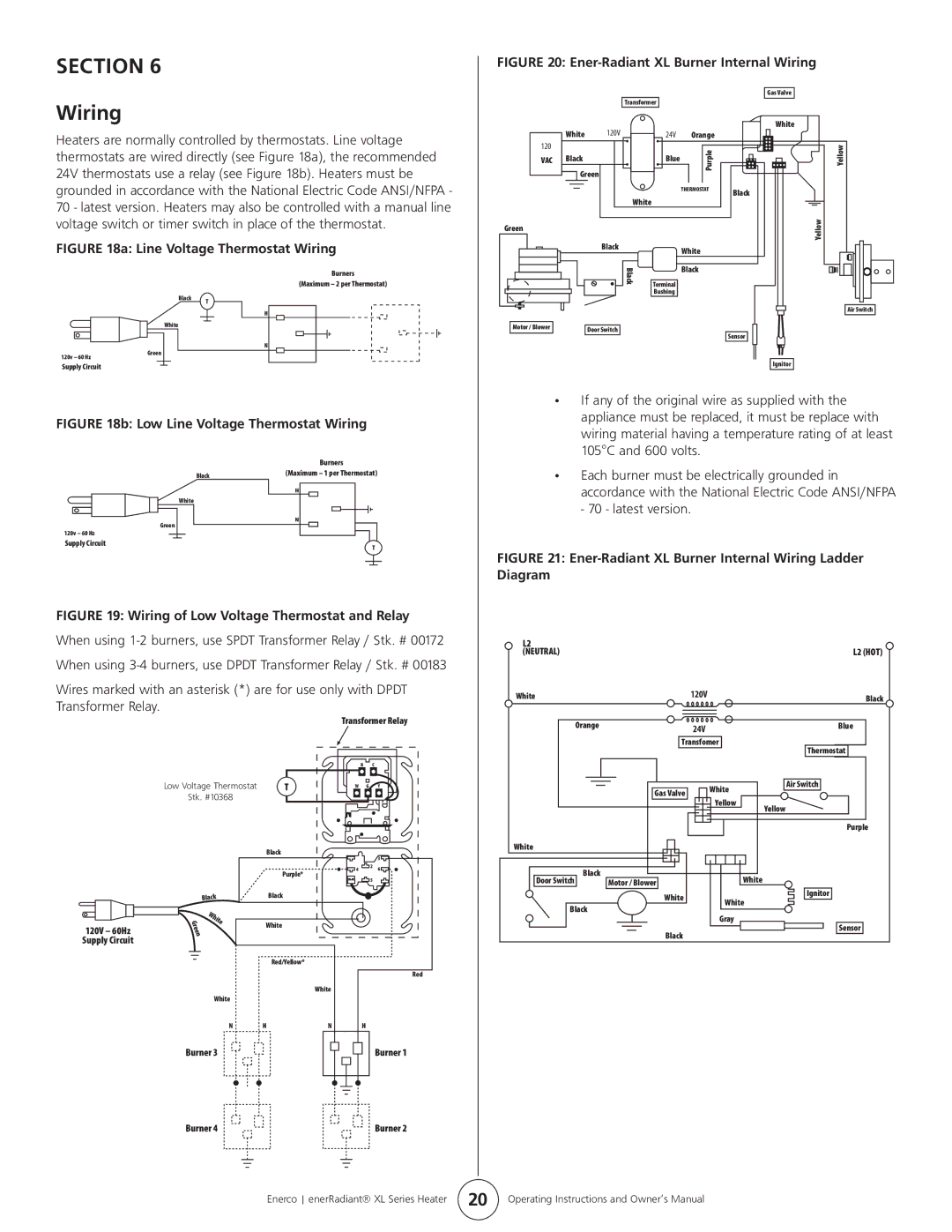 Enerco ERXL-100S, ERXL-175L, ERXL-60, ERXL-80S Section Wiring, Voltage switch or timer switch in place of the thermostat 