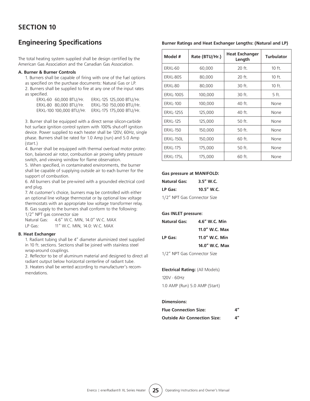 Enerco ERXL-80S, ERXL-175L, ERXL-60, ERXL-150L, ERXL-125S, ERXL-100S owner manual Section Engineering Specifications 