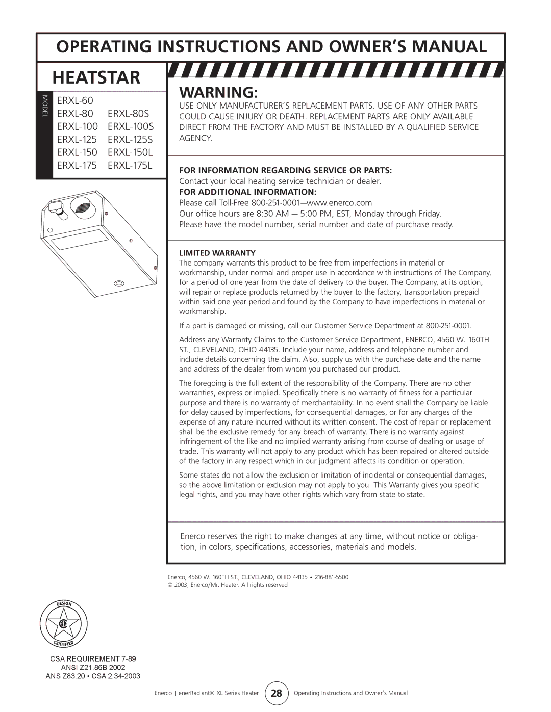 Enerco ERXL-175L, ERXL-60, ERXL-80S, ERXL-150L, ERXL-125S, ERXL-100S owner manual Heatstar 