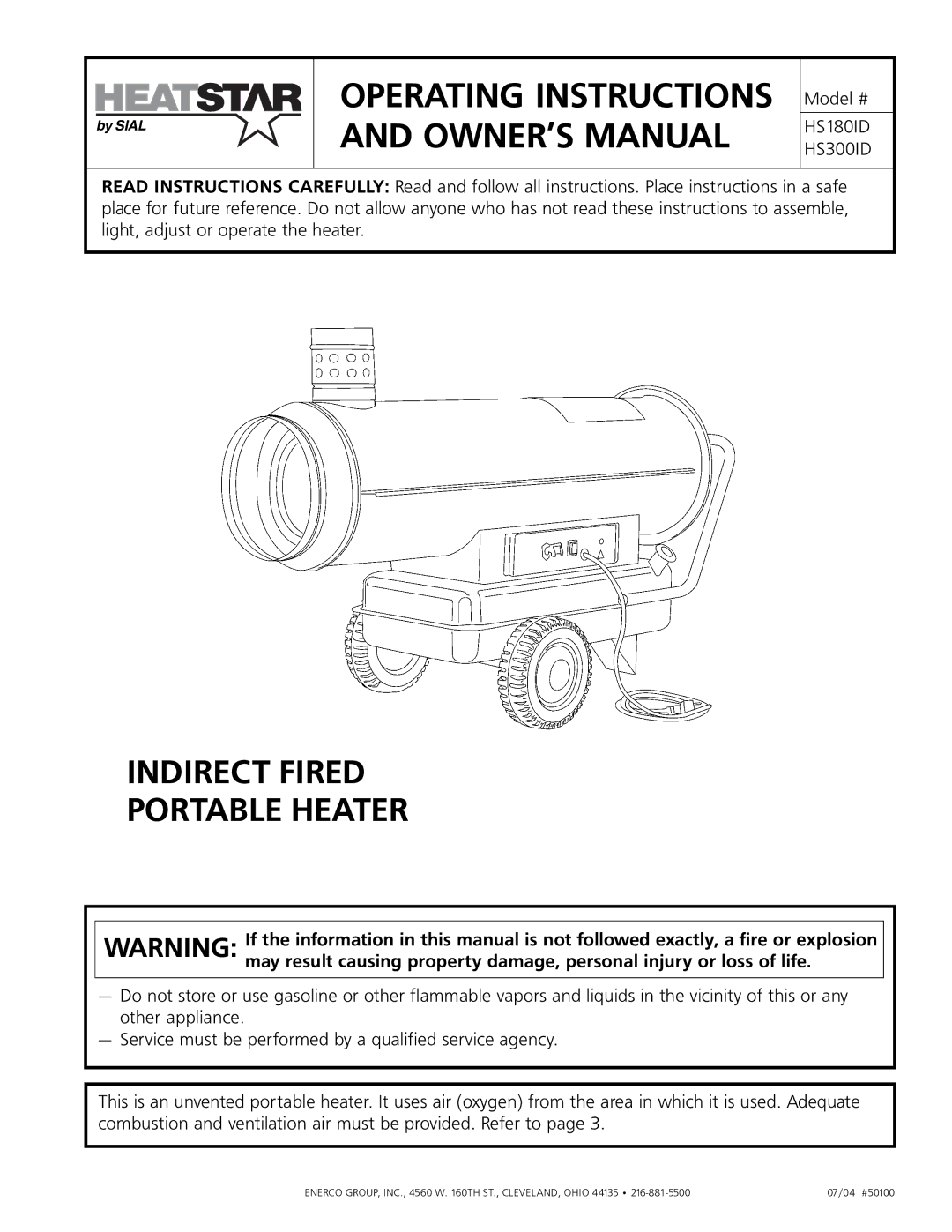 Enerco manual Indirect Fired Portable Heater, HS180ID HS300ID 