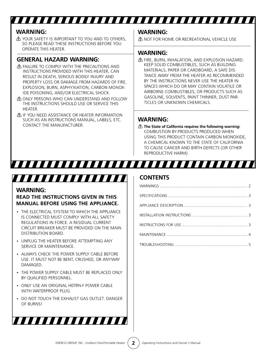 Enerco HS180ID, HS300ID manual General Hazard Warning, Contents 