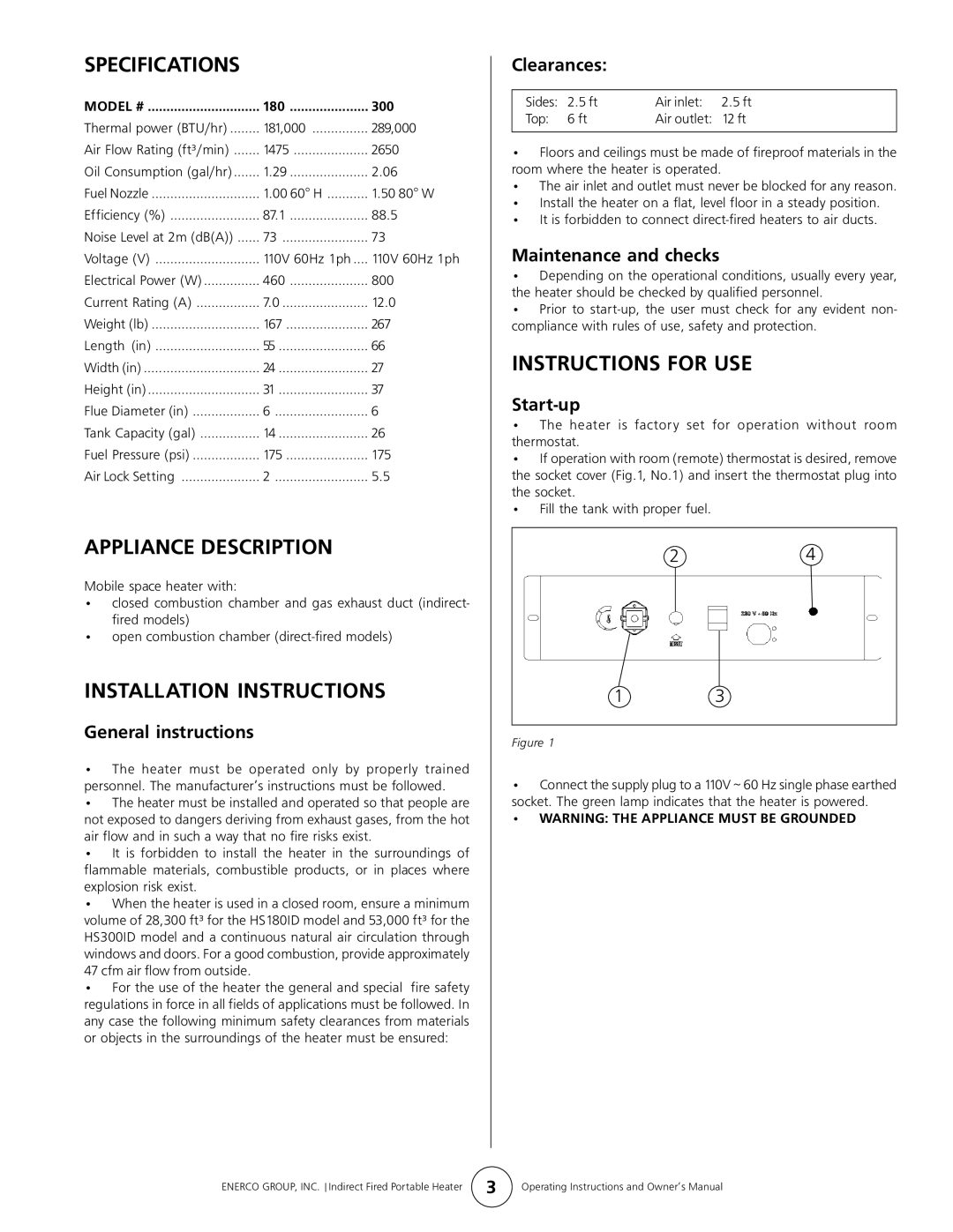 Enerco HS300ID, HS180ID manual Specifications, Appliance Description, Installation Instructions, Instructions for USE 