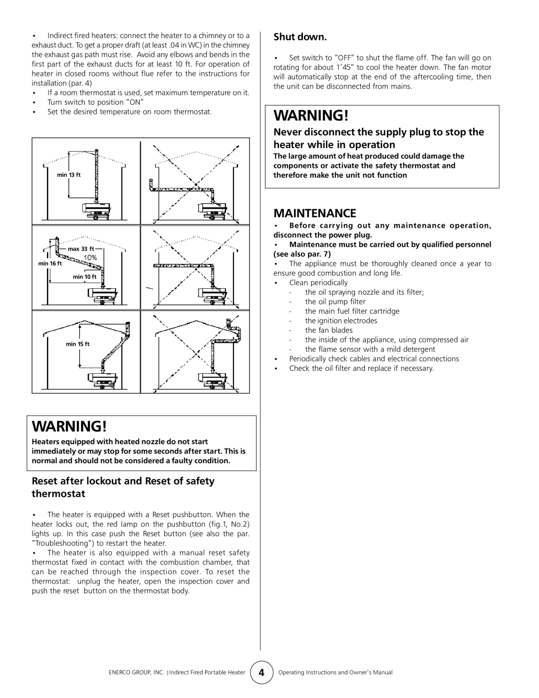 Enerco HS180ID, HS300ID manual Maintenance, Reset after lockout and Reset of safety thermostat, Shut down 