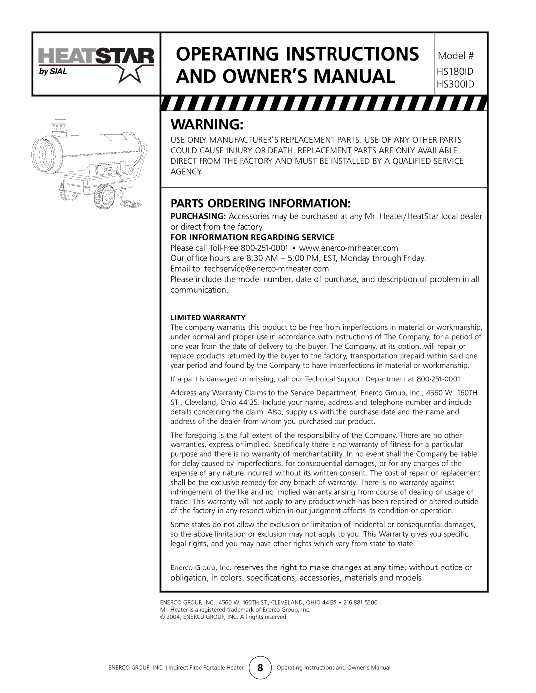 Enerco HS180ID, HS300ID manual Operating Instructions, Parts Ordering Information, Limited Warranty 