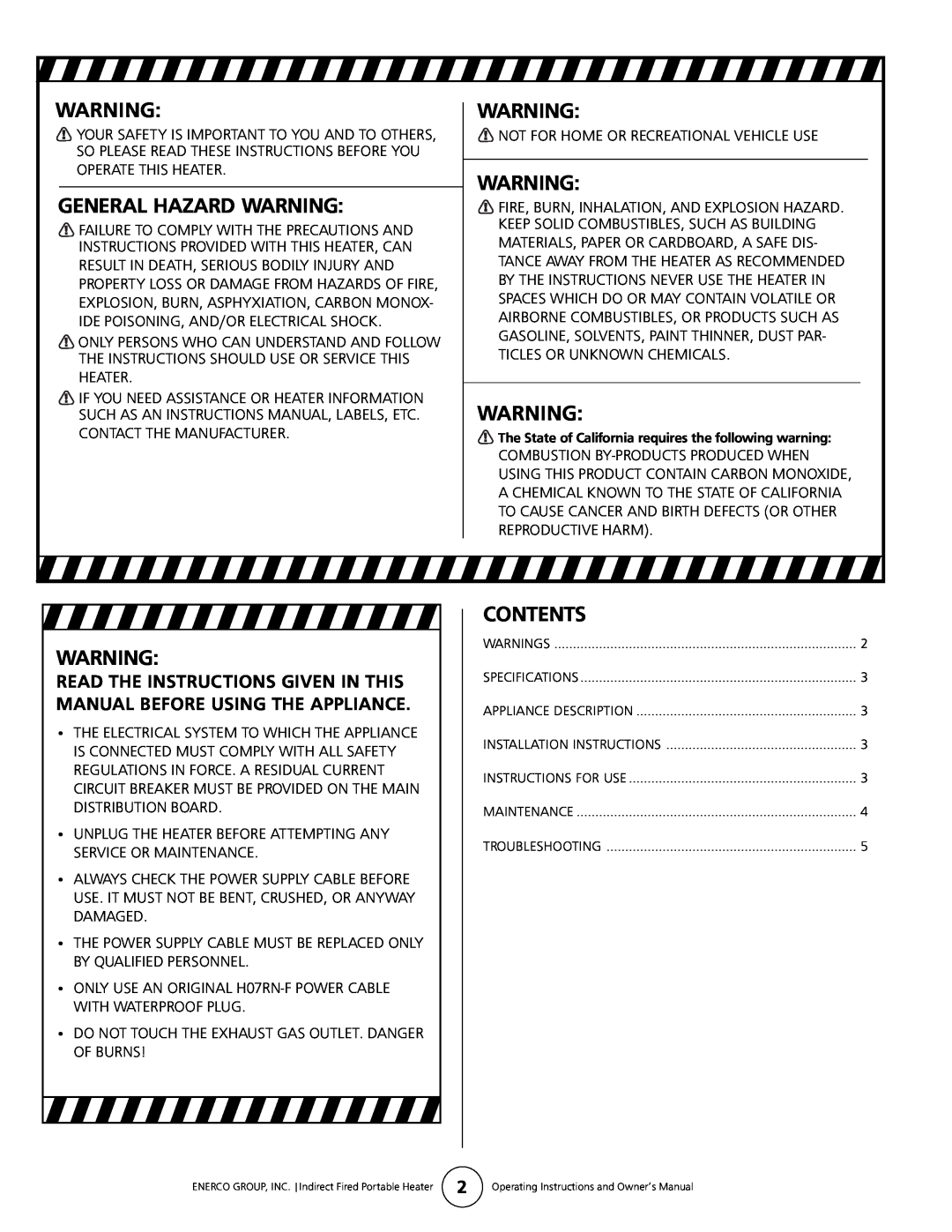 Enerco HS180ID General Hazard Warning, Contents, Read The Instructions Given In This Manual Before Using The Appliance 