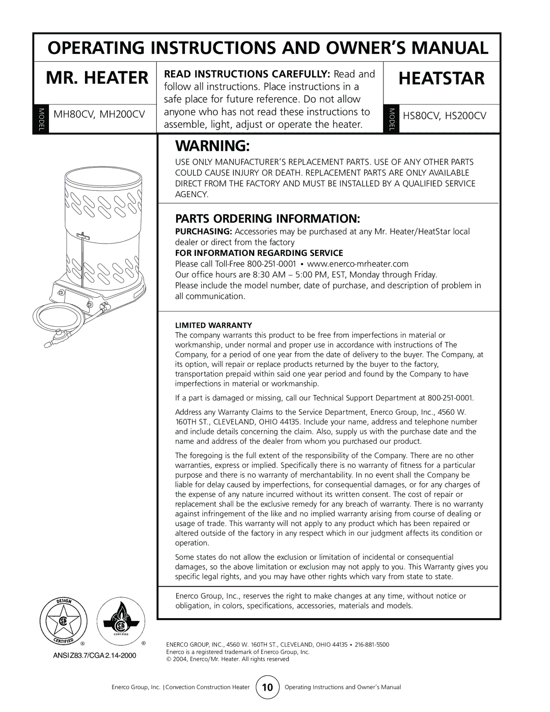 Enerco HS200CV, HS80CV manual Heatstar, Parts Ordering Information 