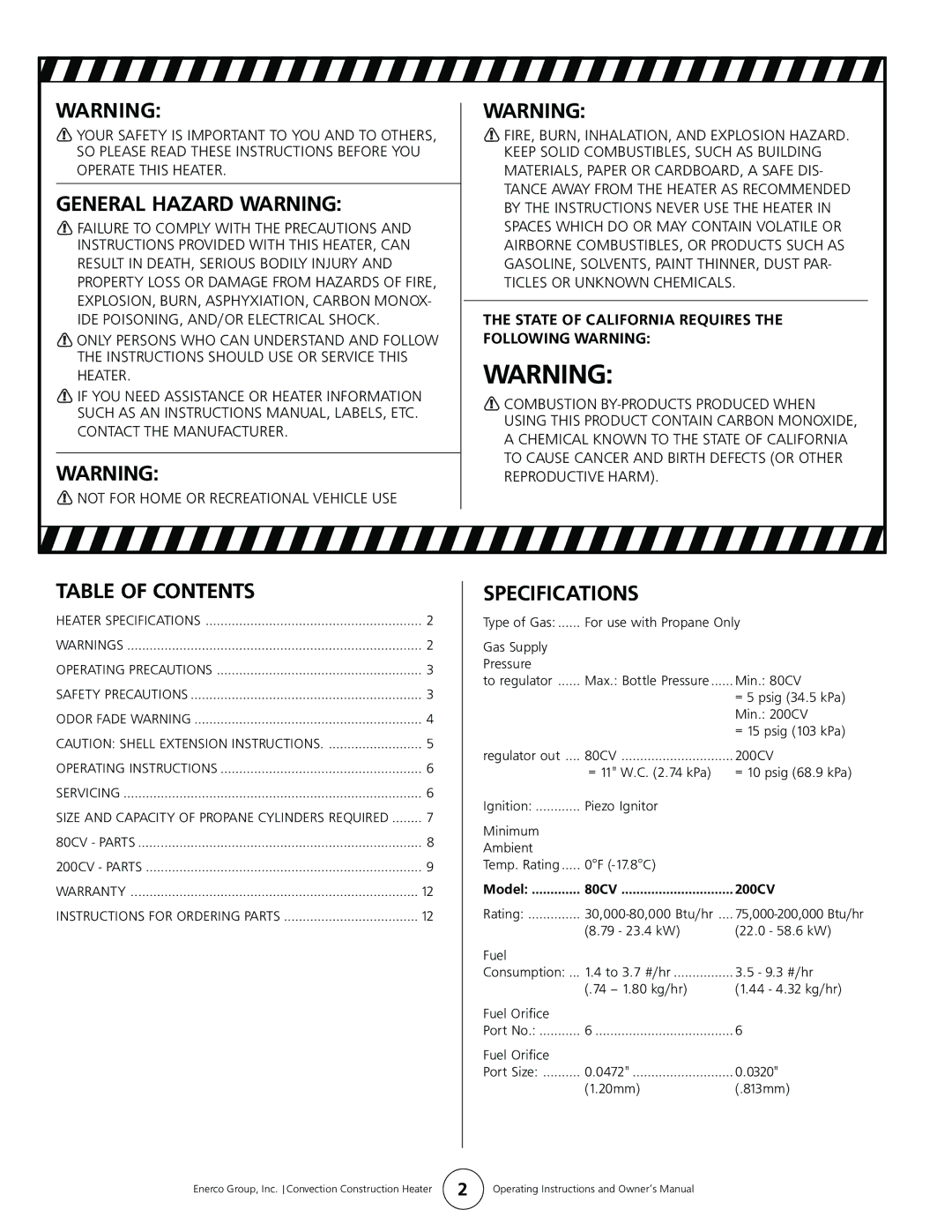 Enerco HS200CV, HS80CV manual General Hazard Warning, Table of Contents, Specifications 