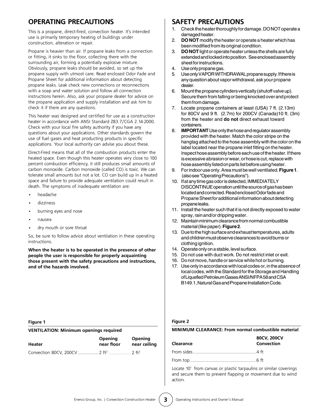 Enerco HS80CV, HS200CV Operating Precautions, Safety Precautions, Ft2, Minimum Clearance From normal combustible material 