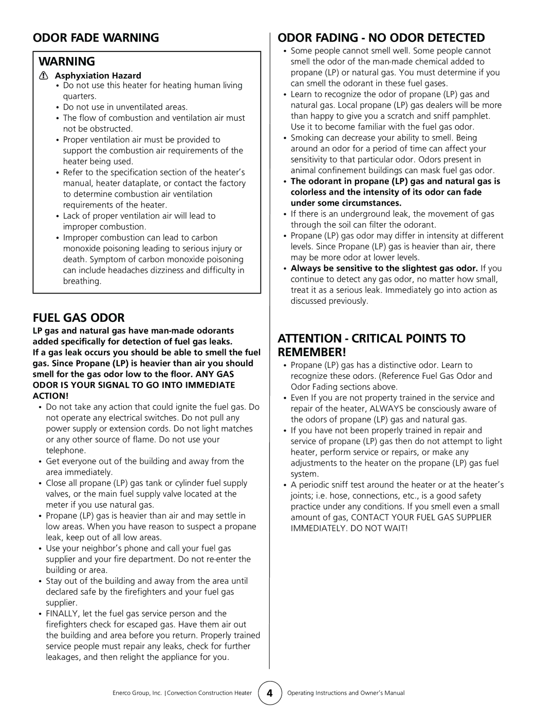 Enerco HS200CV, HS80CV manual Odor Fade Warning, Fuel GAS Odor, Odor Fading no Odor Detected 