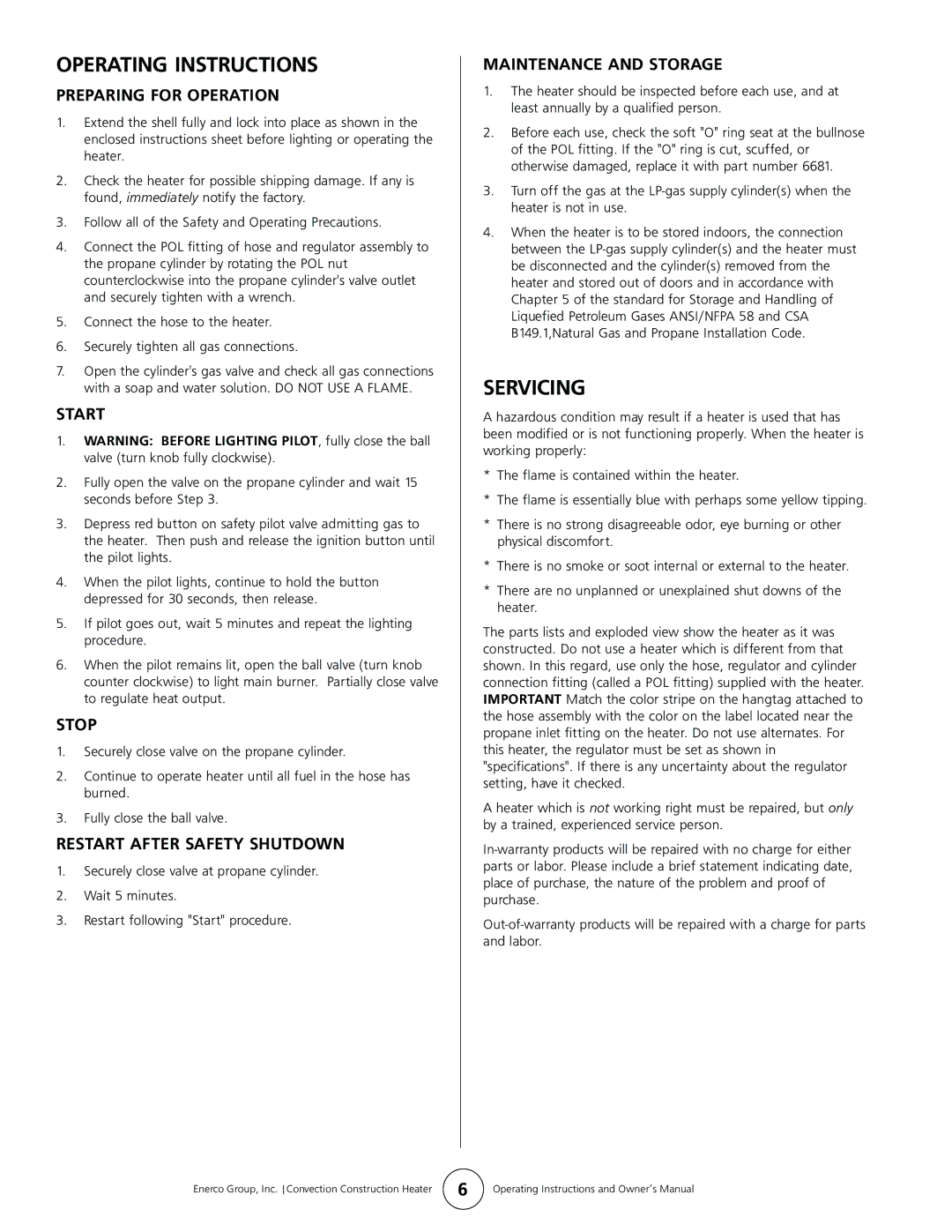 Enerco HS200CV, HS80CV manual Operating Instructions, Servicing 