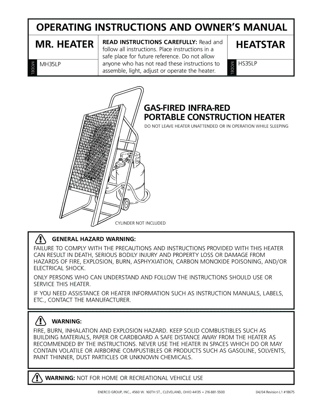 Enerco HS35LP manual MR. Heater, General Hazard Warning 