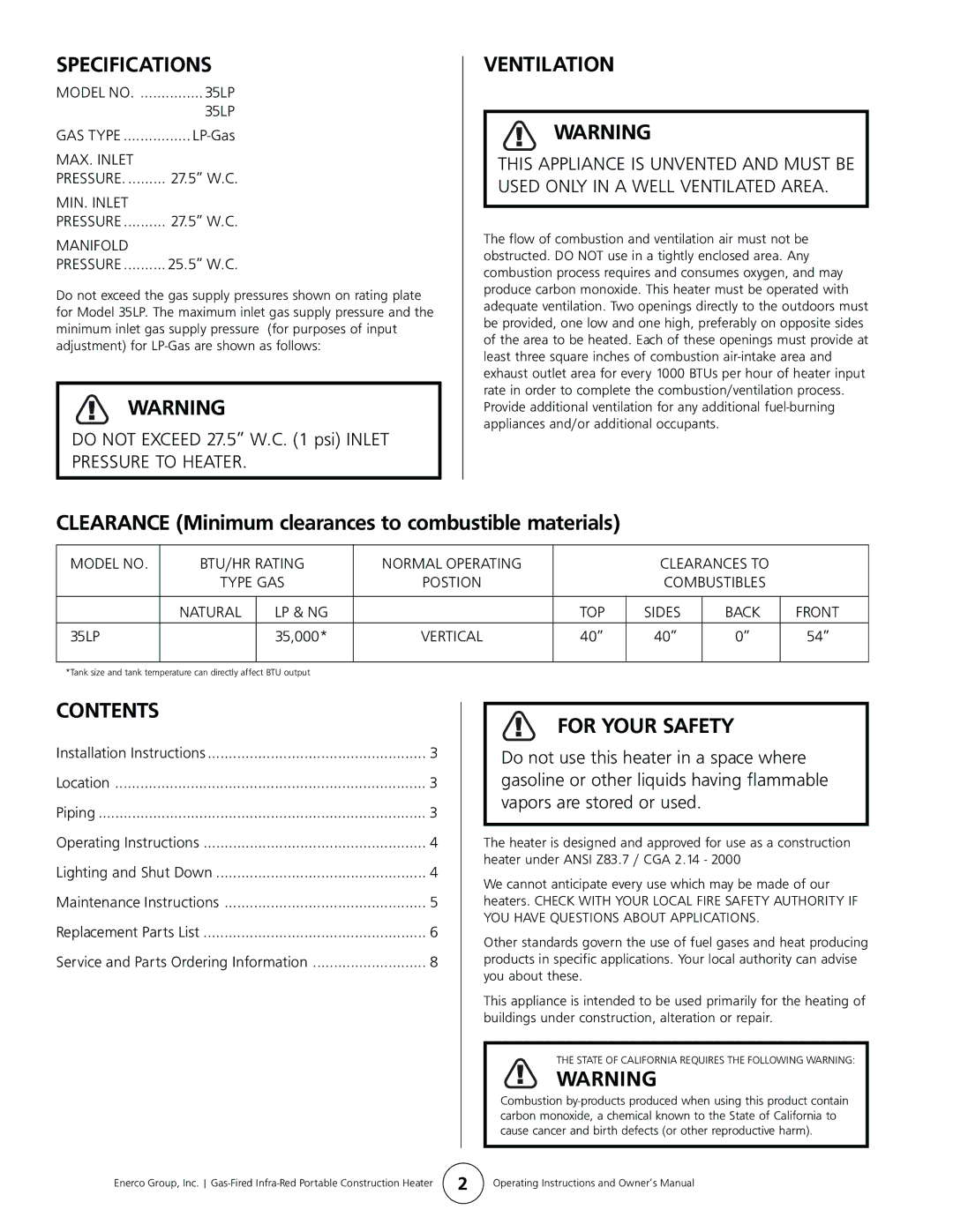 Enerco HS35LP manual Specifications, Ventilation, Contents, For Your Safety 