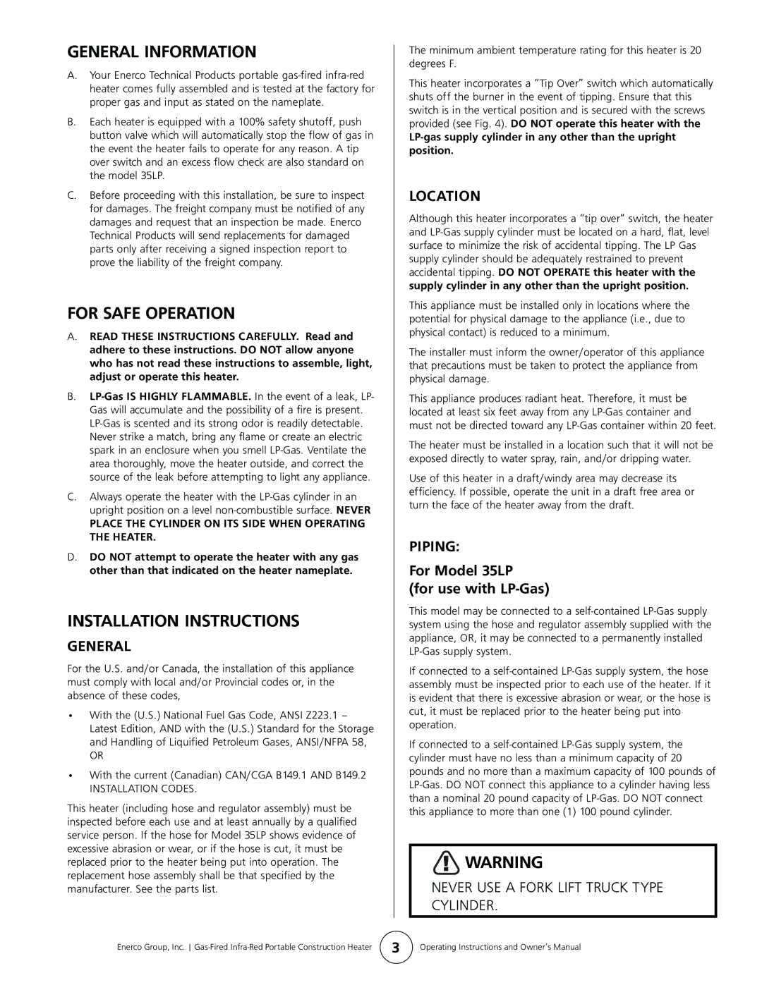 Enerco HS35LP manual General Information, For Safe Operation, Installation Instructions 