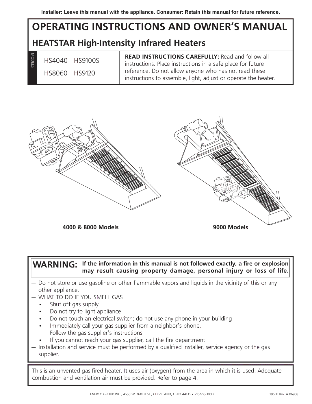 Enerco HS8060, HS4040, HS9100S, HS9120 owner manual SHEATSTAR High-Intensity Infrared Heaters eld 