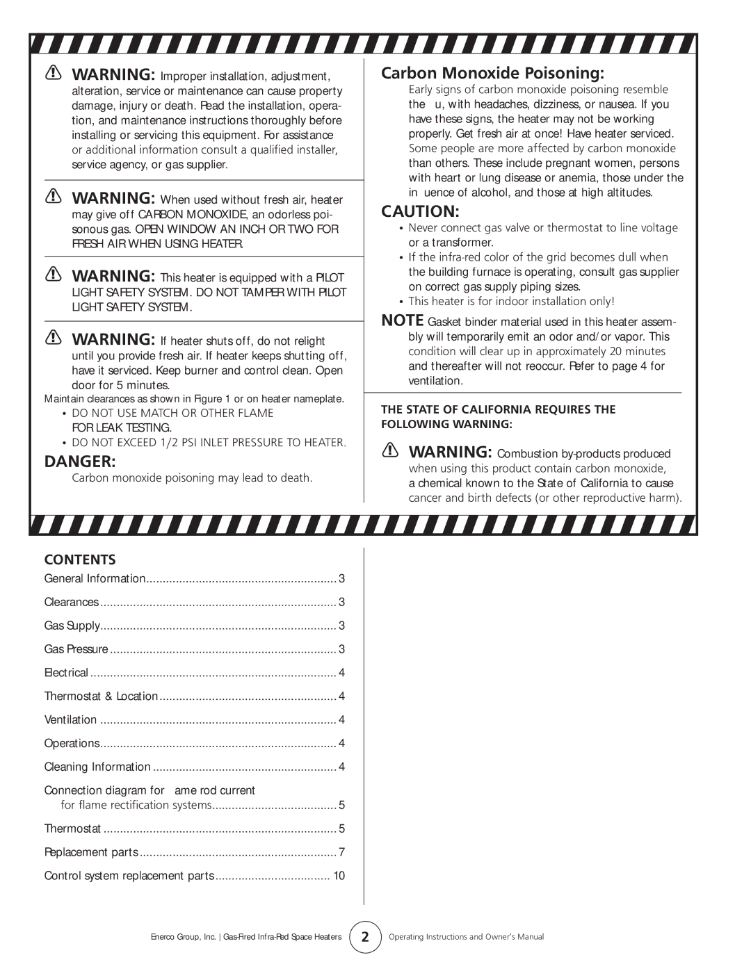 Enerco HS9100S, HS4040, HS8060, HS9120 owner manual Carbon Monoxide Poisoning, Contents 