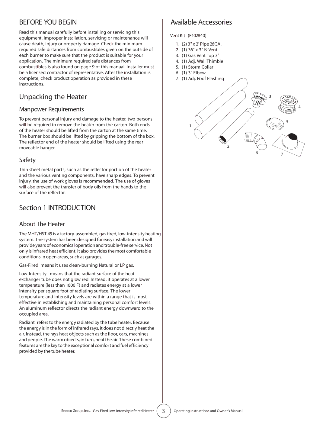 Enerco HST45 owner manual Before YOU Begin, Unpacking the Heater, Introduction, Available Accessories 