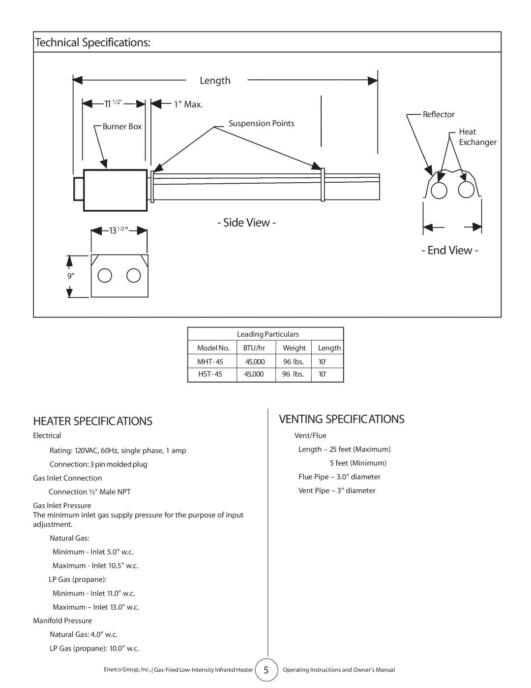 Enerco HST45 Technical Specifications, Side View End View, Heater Specifications, Venting Specifications, Length 