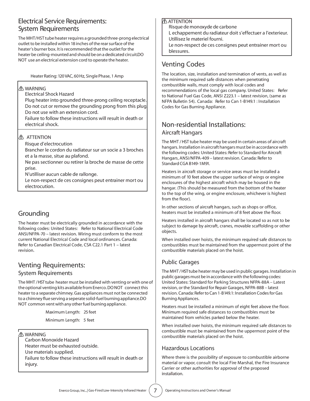 Enerco HST45 Electrical Service Requirements System Requirements, Grounding, Venting Requirements, Venting Codes 