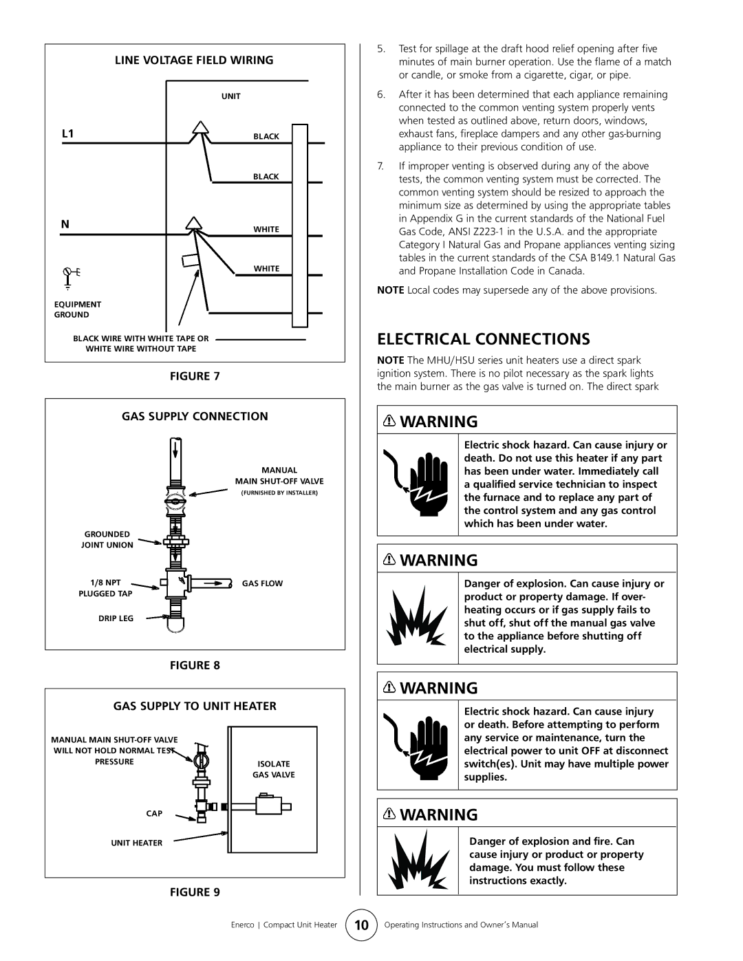 Enerco HSU 75, HSU 45 Electrical Connections, GAS Supply Connection, GAS Supply to Unit Heater, Line Voltage Field Wiring 