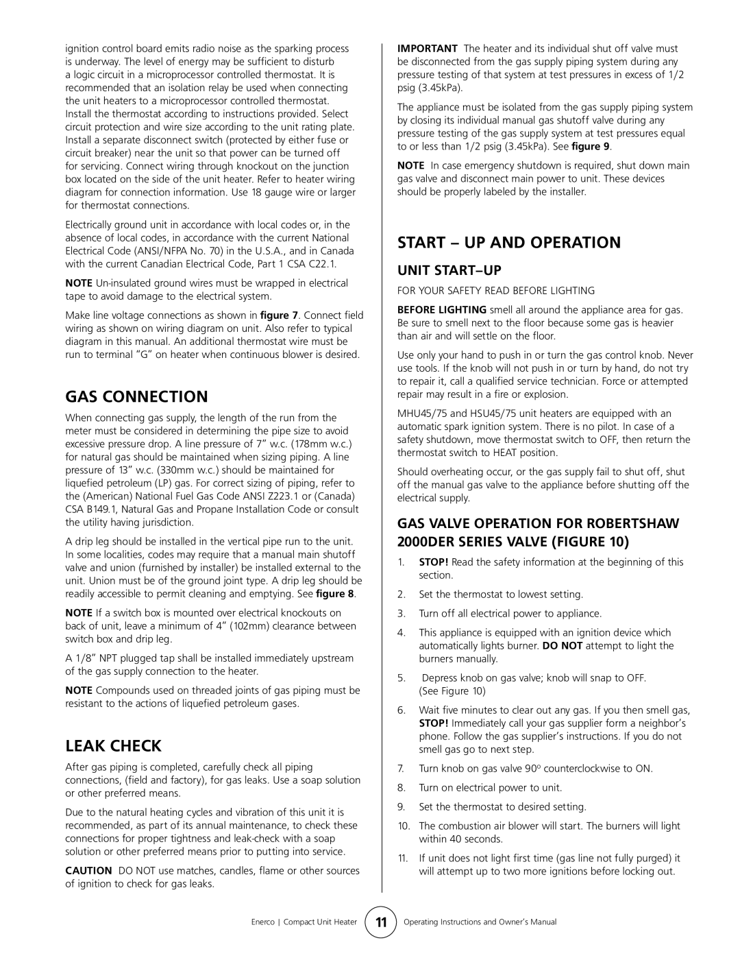 Enerco HSU 45, HSU 75 operating instructions GAS Connection, Leak Check, Start UP and Operation, Unit START-UP 