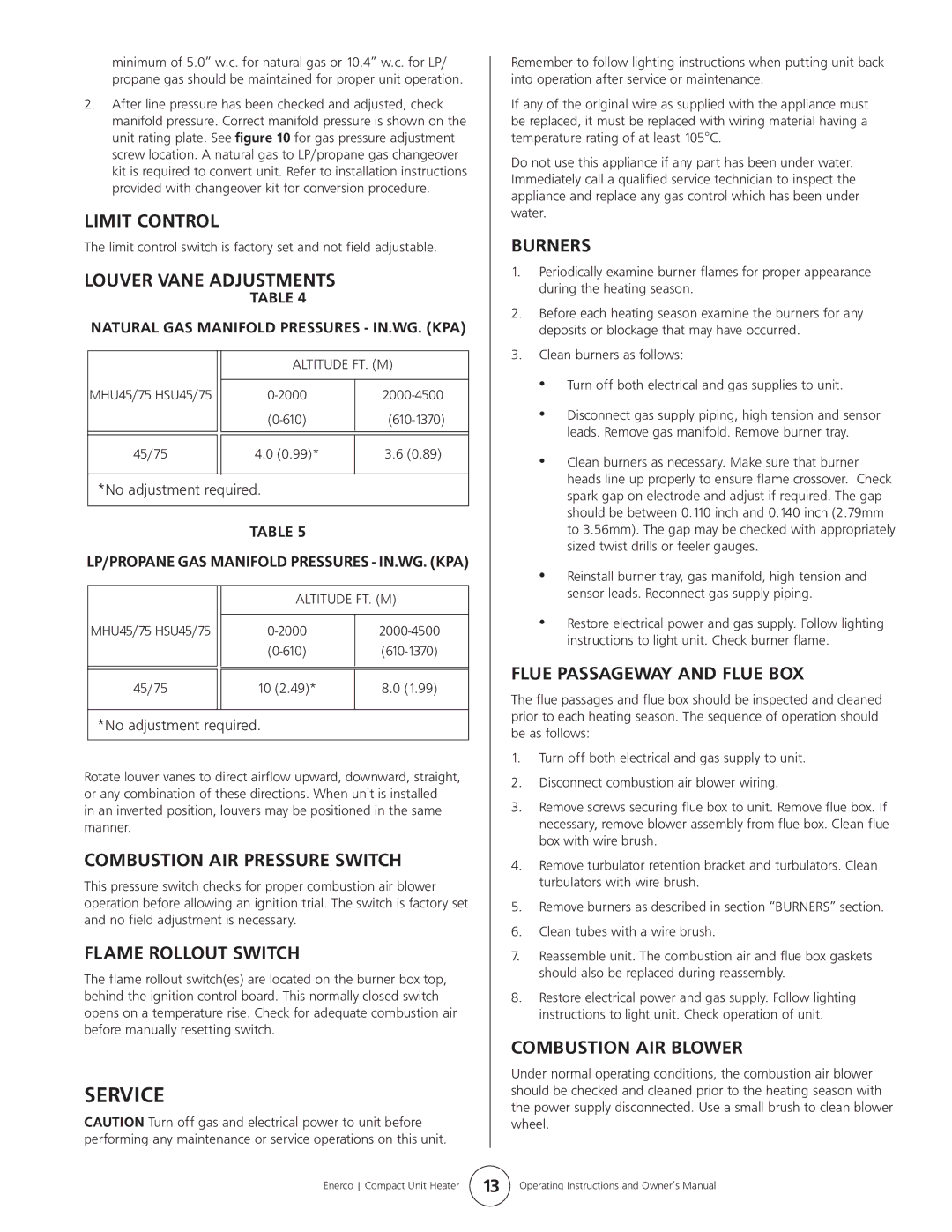 Enerco HSU 45, HSU 75 operating instructions Service 