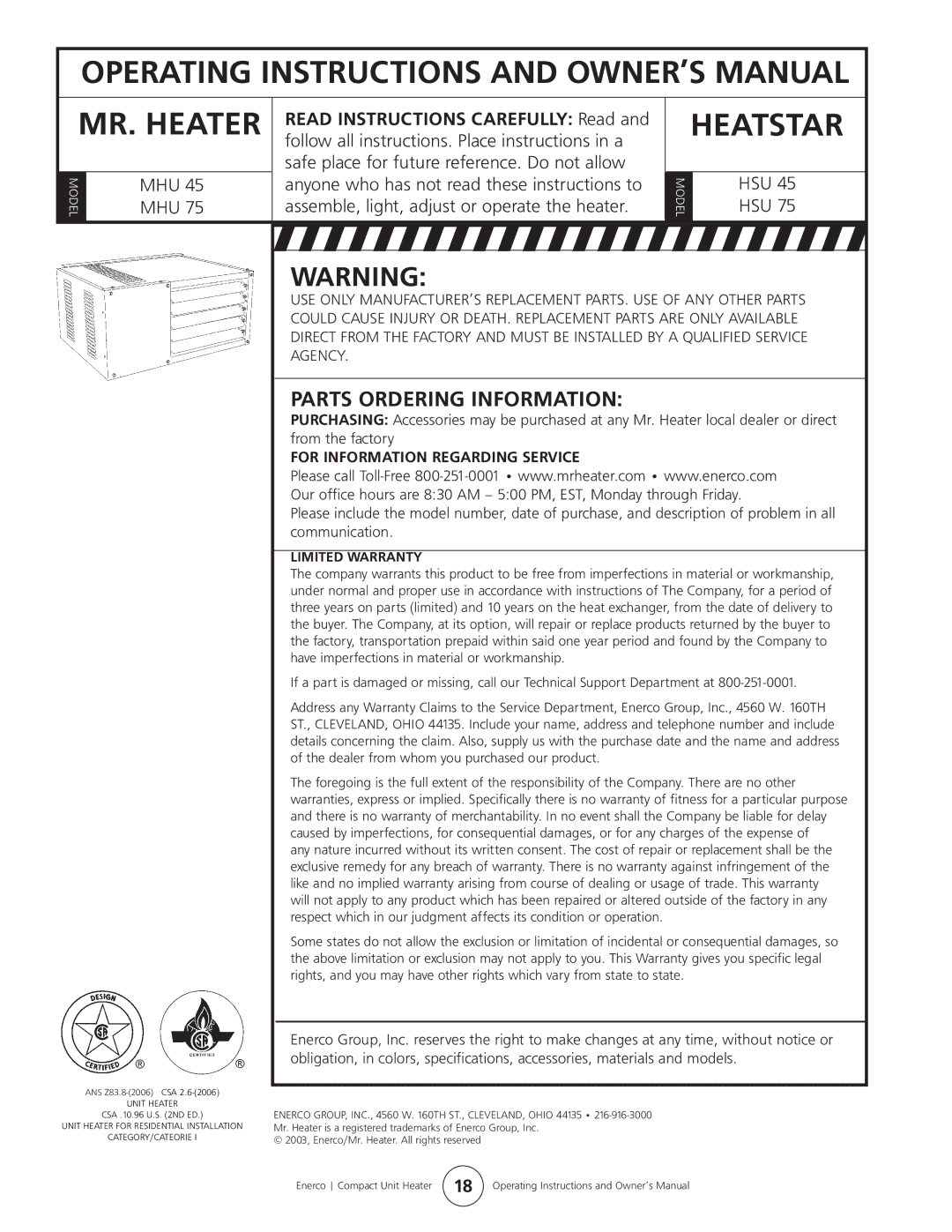 Enerco HSU 75, HSU 45 operating instructions Parts Ordering Information, For Information Regarding Service, Limited Warranty 