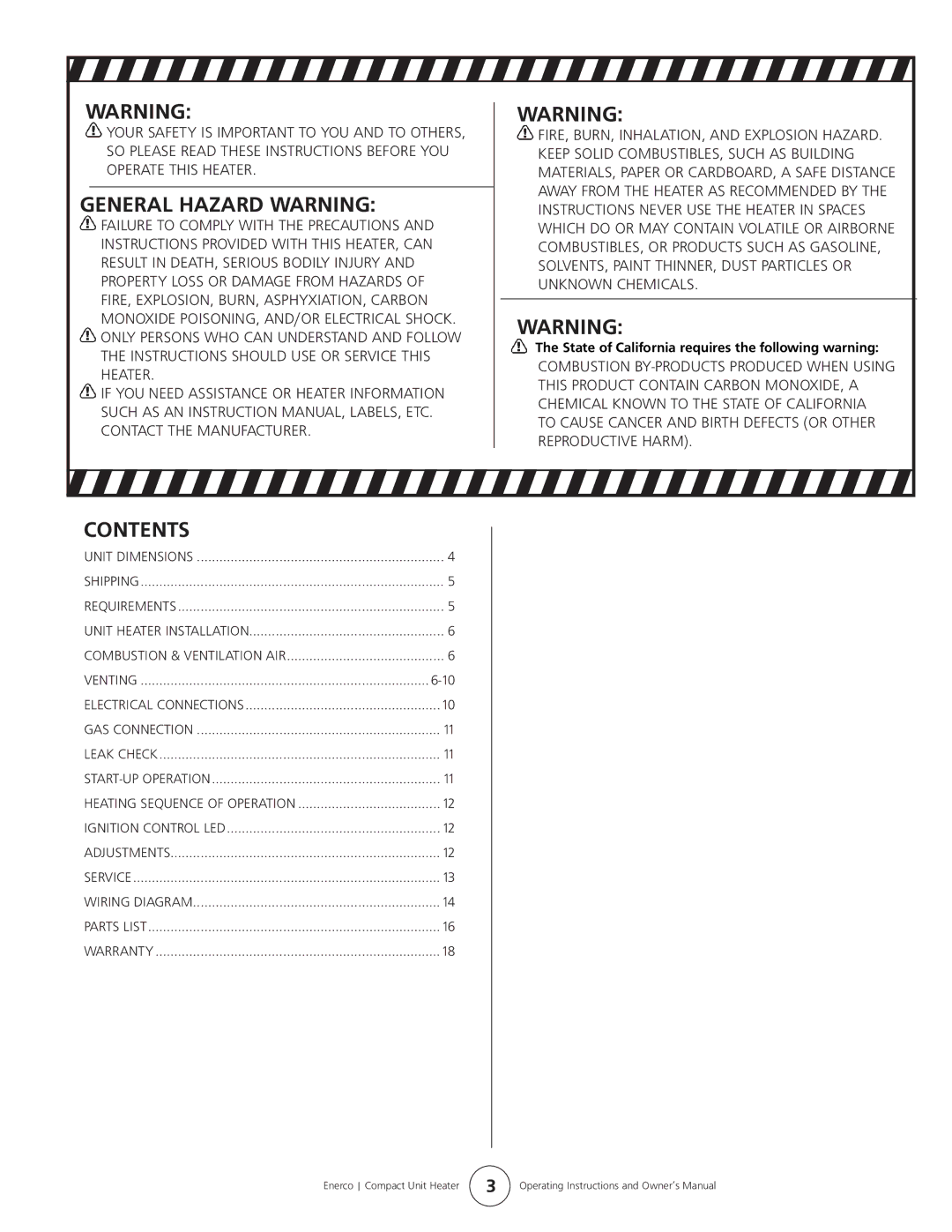 Enerco HSU 45, HSU 75 operating instructions General Hazard Warning, Contents 