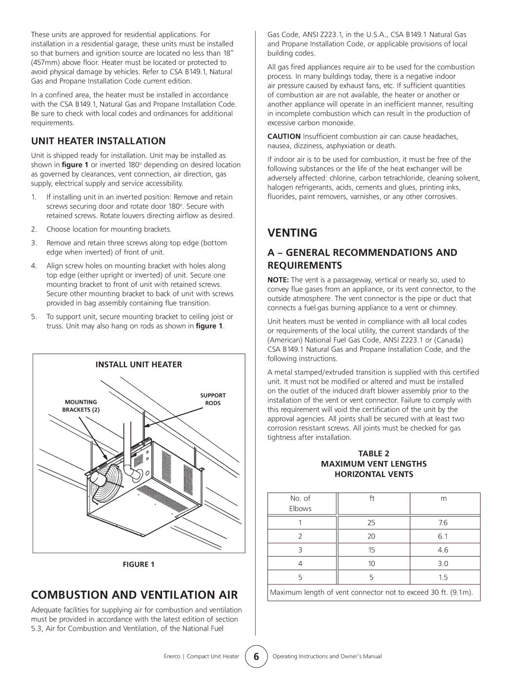 Enerco HSU 75 Combustion and Ventilation AIR, Venting, Unit Heater Installation, General Recommendations and Requirements 