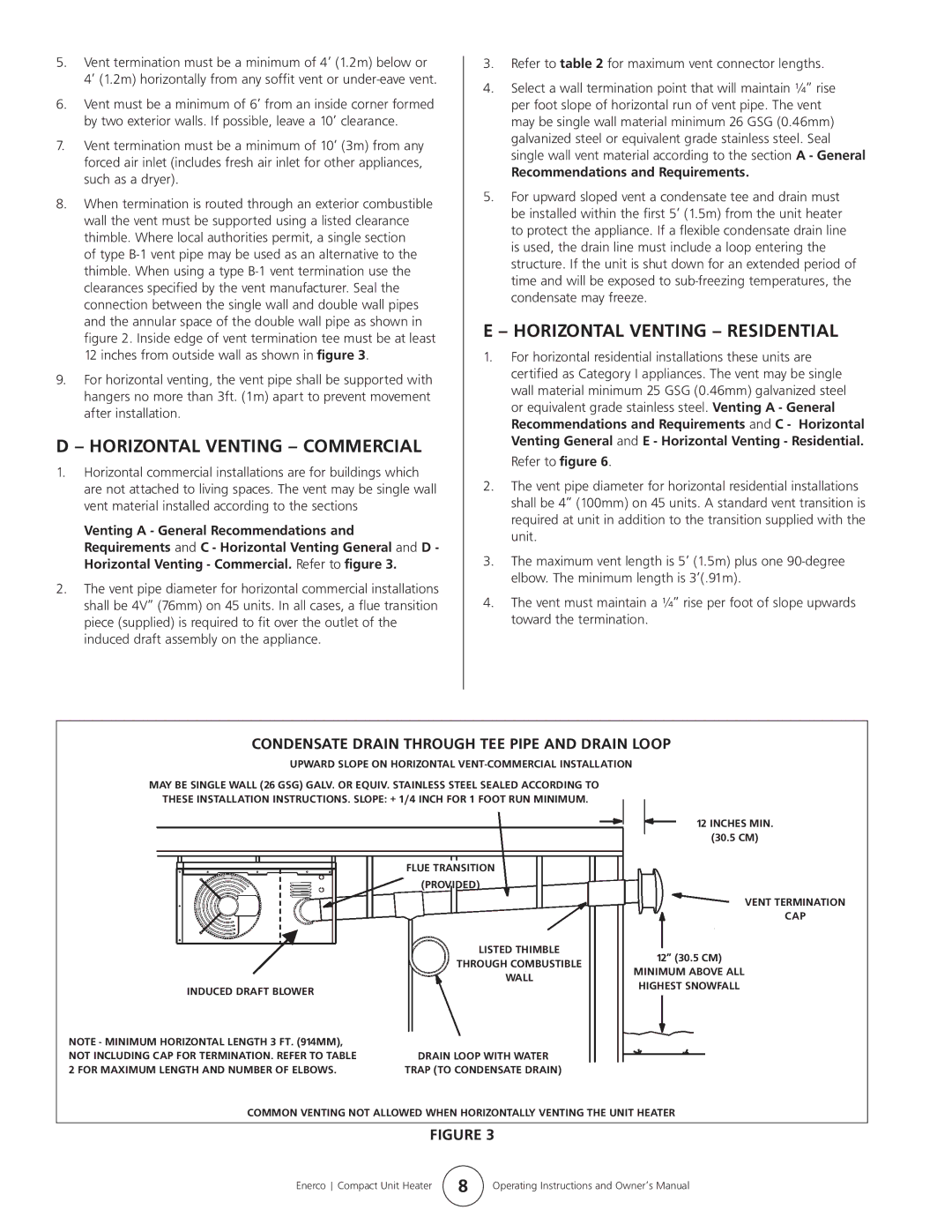 Enerco HSU 75 Horizontal Venting Commercial, Horizontal Venting Residential, Refer to for maximum vent connector lengths 