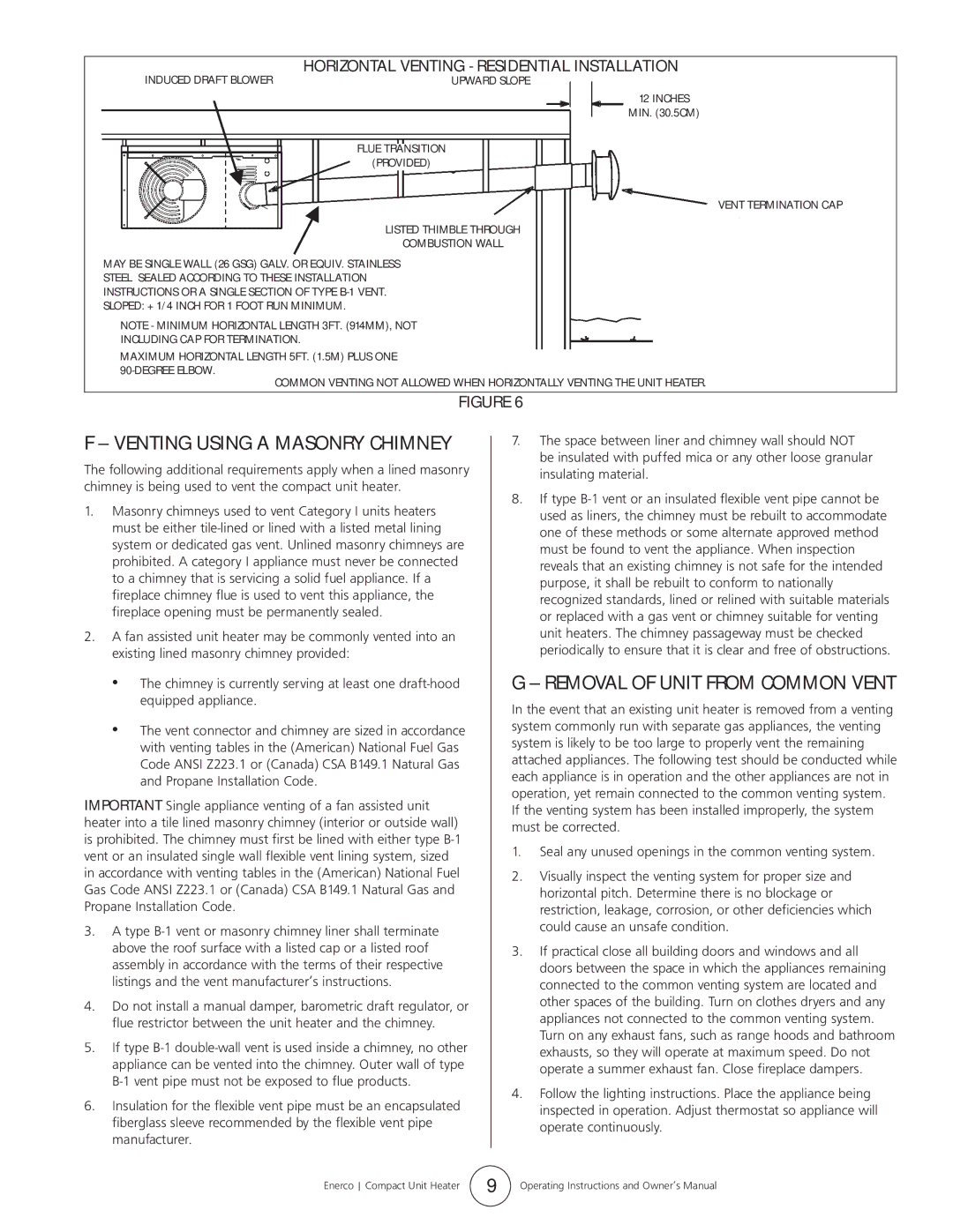 Enerco HSU 45, HSU 75 operating instructions Venting Using a Masonry Chimney, Removal of Unit from Common Vent 