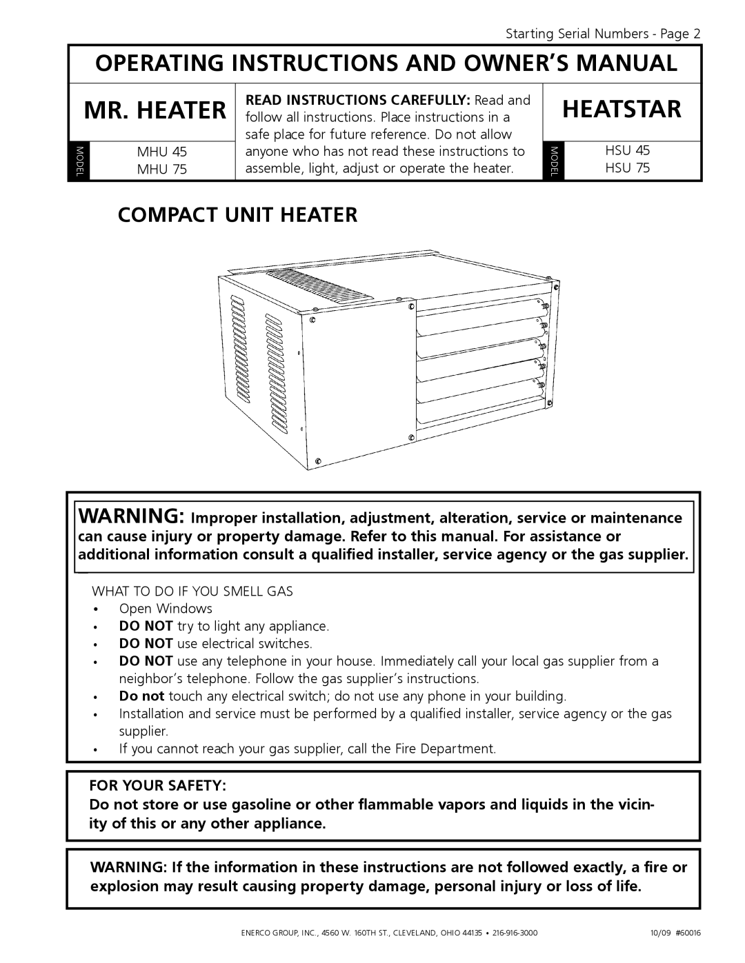 Enerco HSU 45, HSU 75 operating instructions Mr. Heater, Heatstar, Compact Unit Heater 