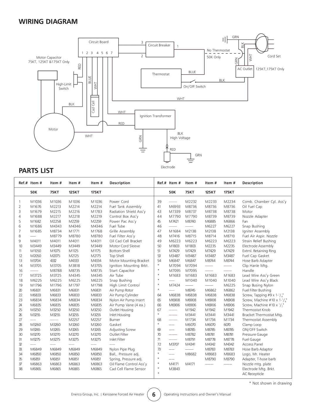 Enerco HS75KT, MH125KT, MH50KT, MH175KT, HS50KT, HS125KT, HS175KT, MH75KT manual Wiring Diagram, Parts List 