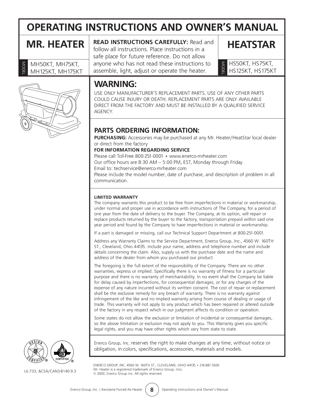 Enerco MH125KT Heatstar, Parts Ordering Information, HS50KT, HS75KT, For Information Regarding Service, Limited Warranty 